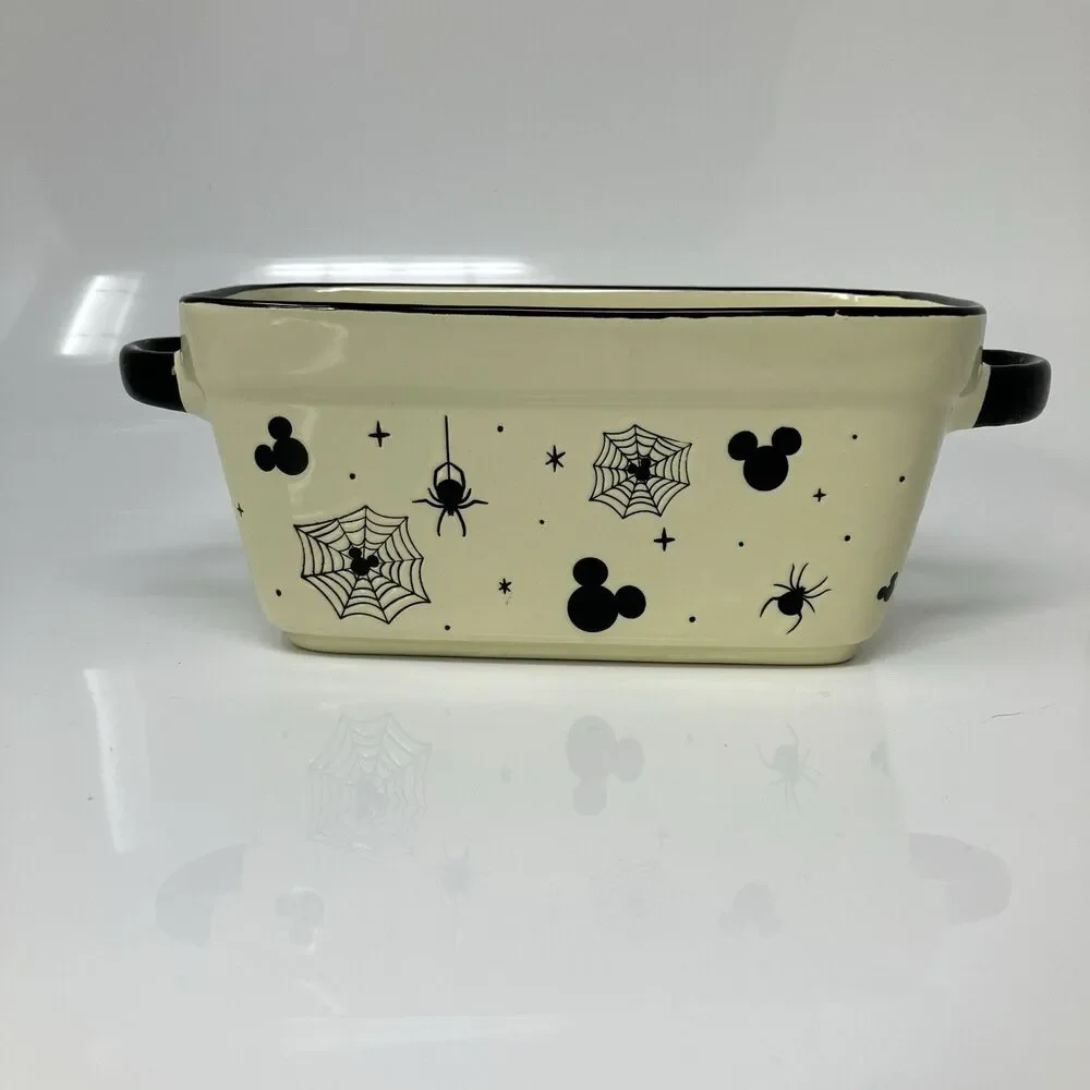 Disney Baking Dish Cream Ceramic Mickey Halloween Spider Web Meatloaf/Bread